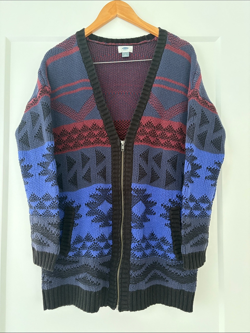 Old Navy Blue, Purple & Black Geometric Zip-Front Cardigan